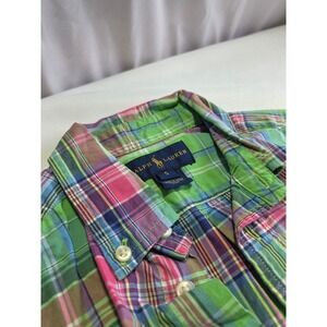 Ralph Lauren Boys Green Pink Madras Plaid Button‎ Down Shirt Size 5 Long Sleeve
